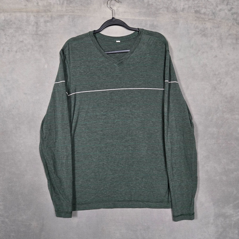 Lululemon Shirt Mens Large Green stripe Long Sleeve V Neck Lightweight Casual